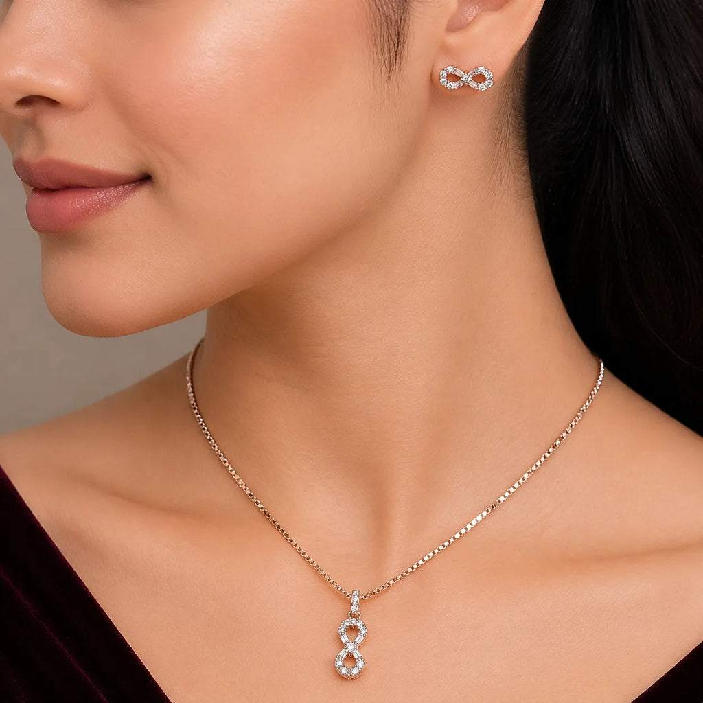 925 Silver Rose Gold Infinity Pendant & Earrings Necklace Set