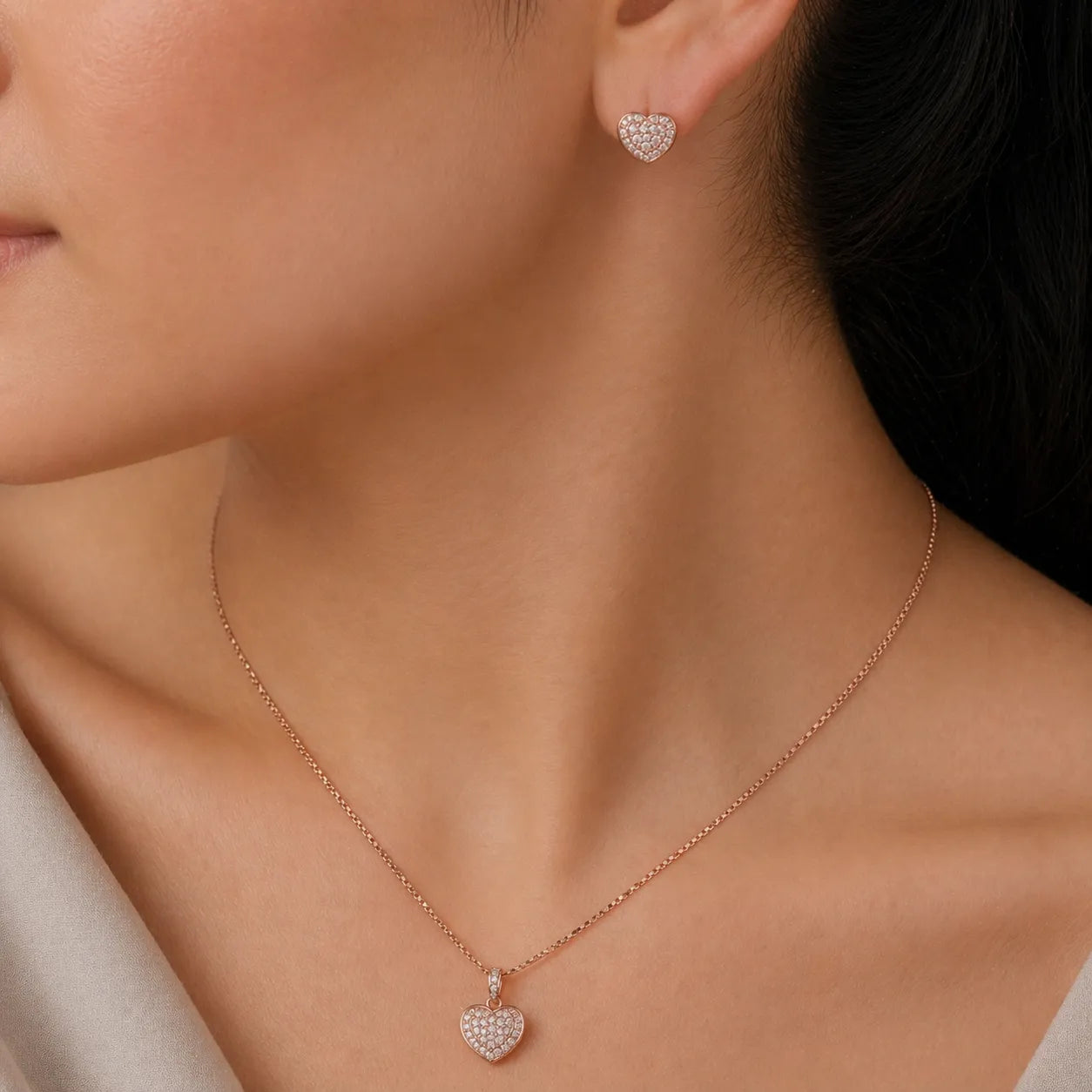 925 Silver Rose Gold Heart Pendent & Earrings Necklace Set