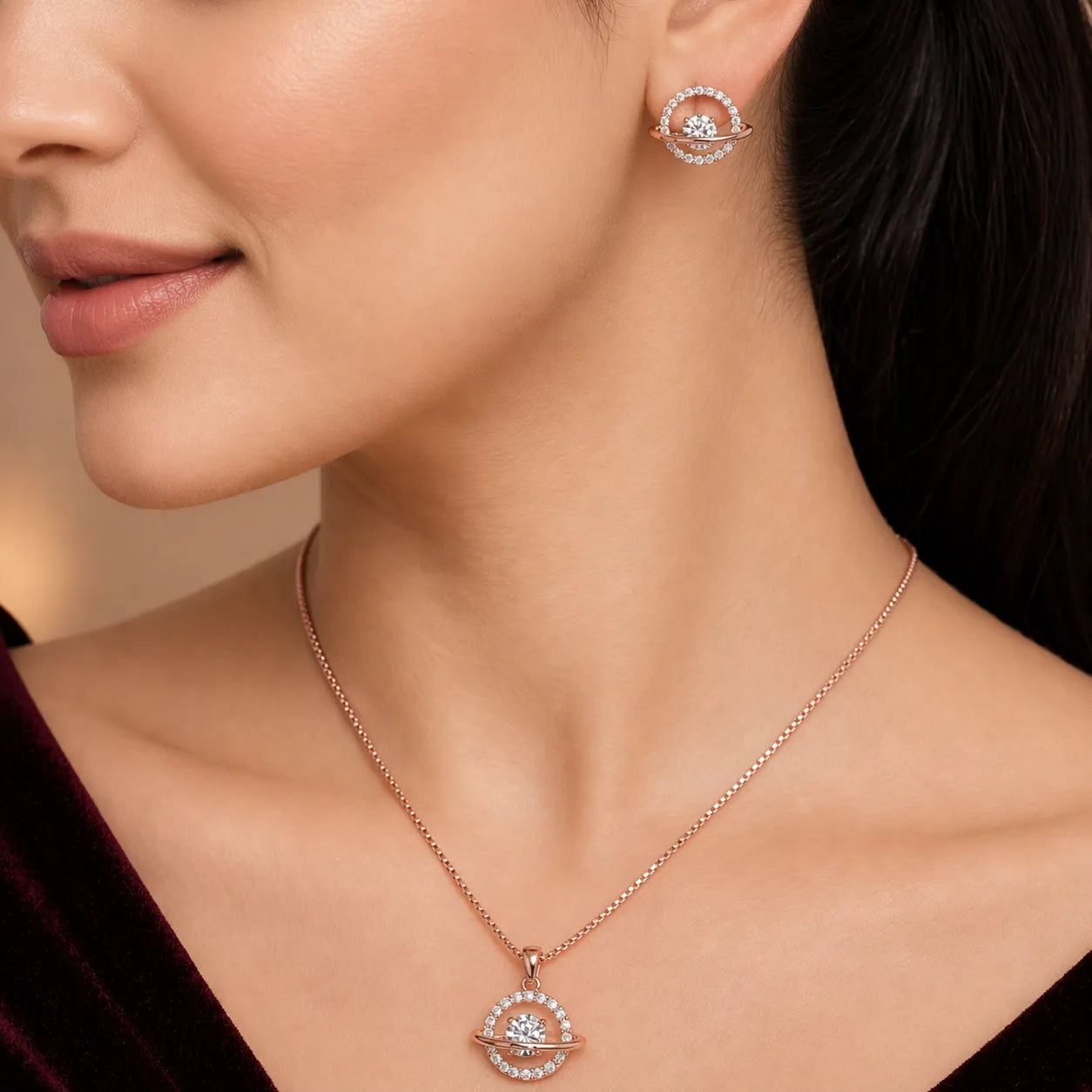 925 Silver Rose Gold Celestial Pendant & Earrings Necklace Set