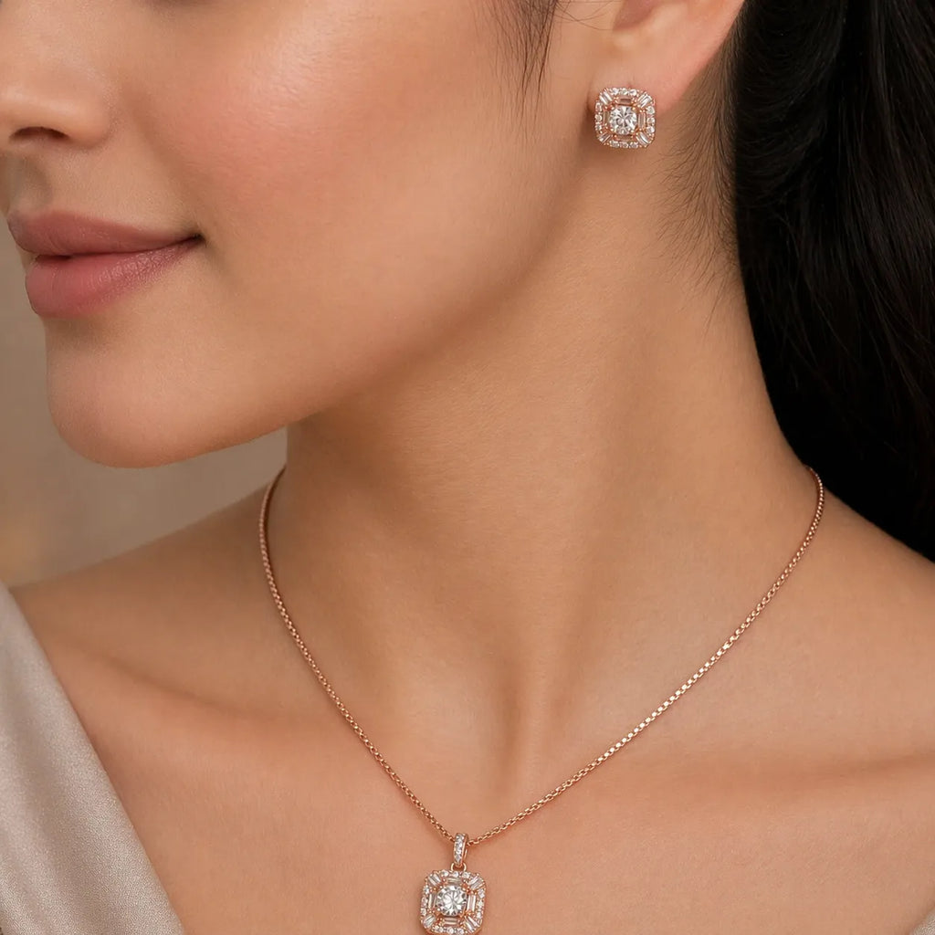 925 Silver Rose Gold Square Halo Pendant & Earrings Necklace Set