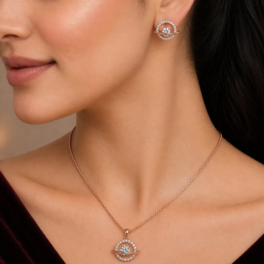 925 Silver Rose Gold Celestial Pendant & Earrings Necklace Set