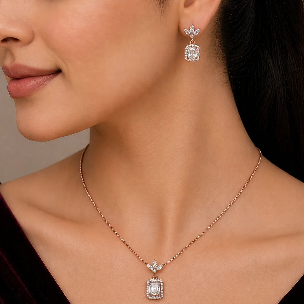 925 Silver Rose Gold White Emerald Cut Pendant & Earrings Necklace Set