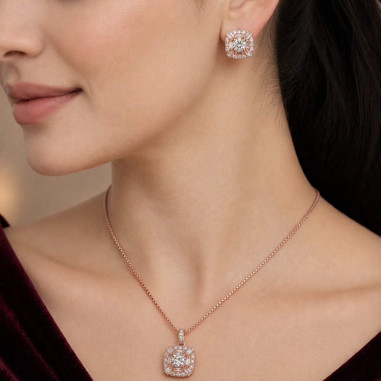 925 Silver Rose Gold Square Halo Pendant & Earrings Necklace Set
