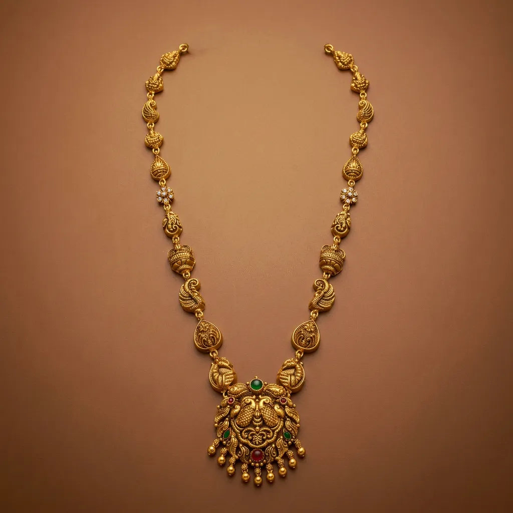 925 Silver Gold Plated Antique Peacock Haram