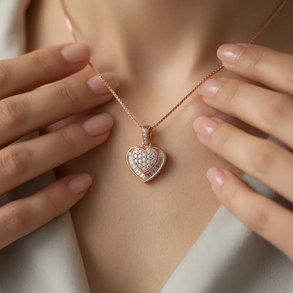 925 Silver Rose Gold Heart Pendent & Earrings Necklace Set