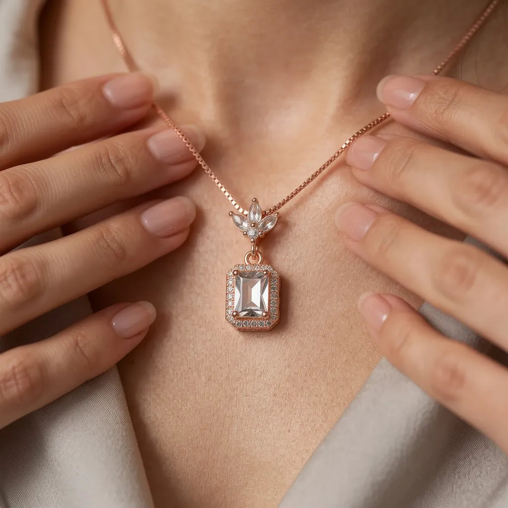 925 Silver Rose Gold White Emerald Cut Pendant & Earrings Necklace Set