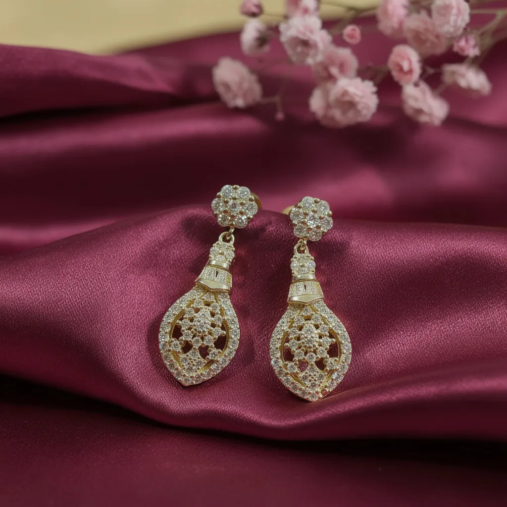 925 Silver Gold Plated White Pave Diamonds Drop Earrings