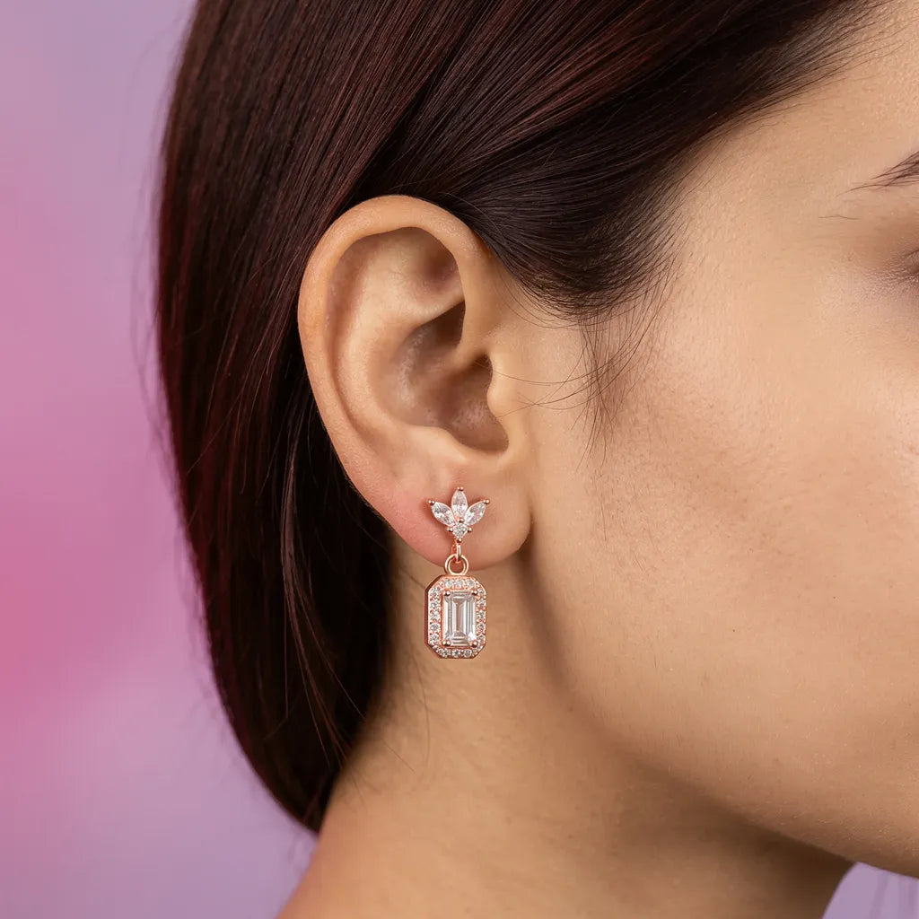 925 Silver Rose Gold White Emerald Cut Pendant & Earrings Necklace Set