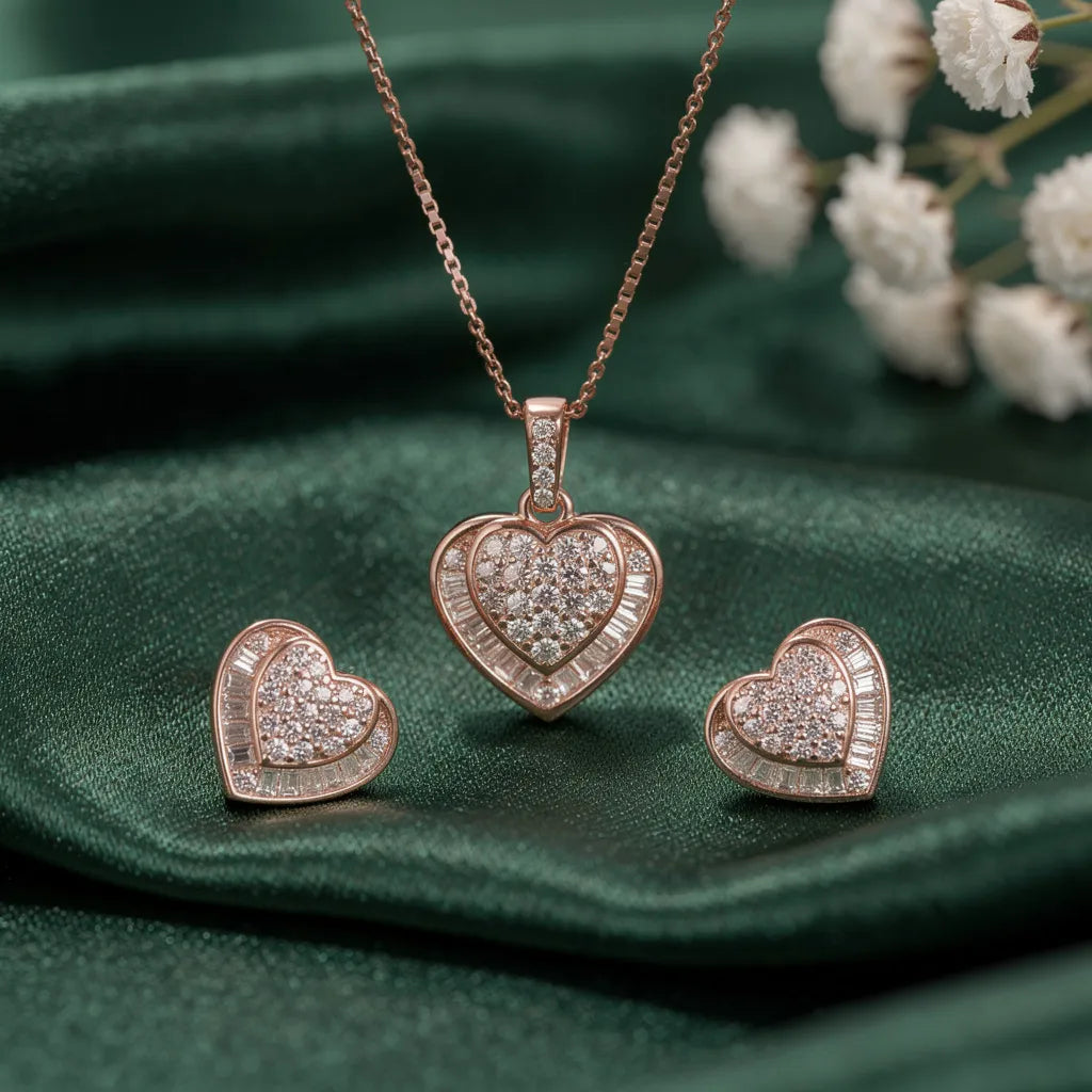925 Silver Rose Gold Heart Pendent & Earrings Necklace Set