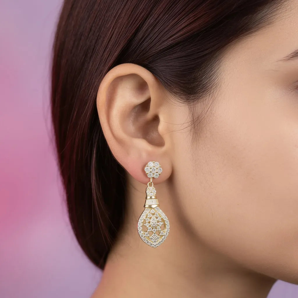 925 Silver Gold Plated White Pave Diamonds Drop Earrings