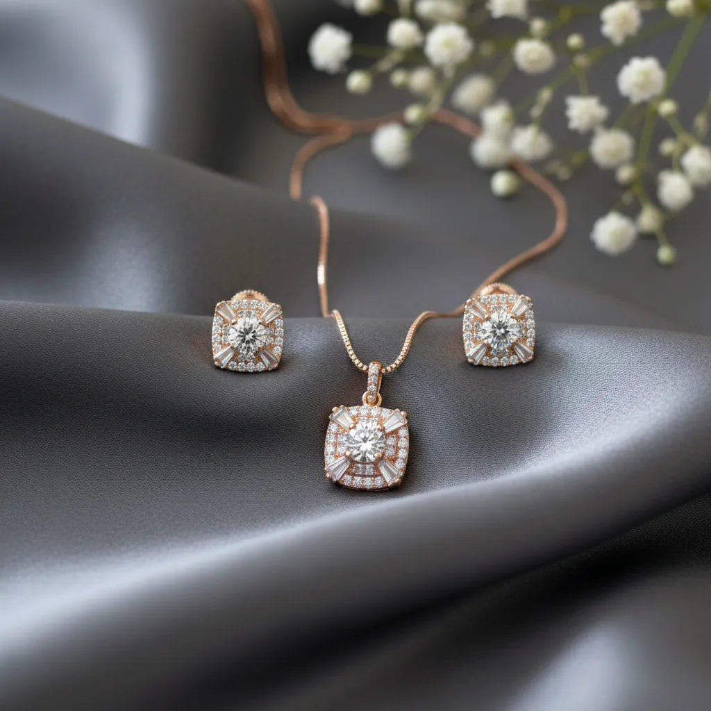 925 Silver Rose Gold Square Halo Pendant & Earrings Necklace Set