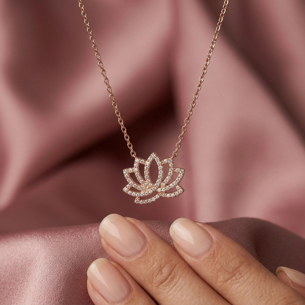 Silver Zircon Diamonds Lotus Necklace