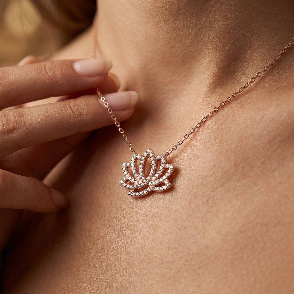 Silver Zircon Diamonds Lotus Necklace