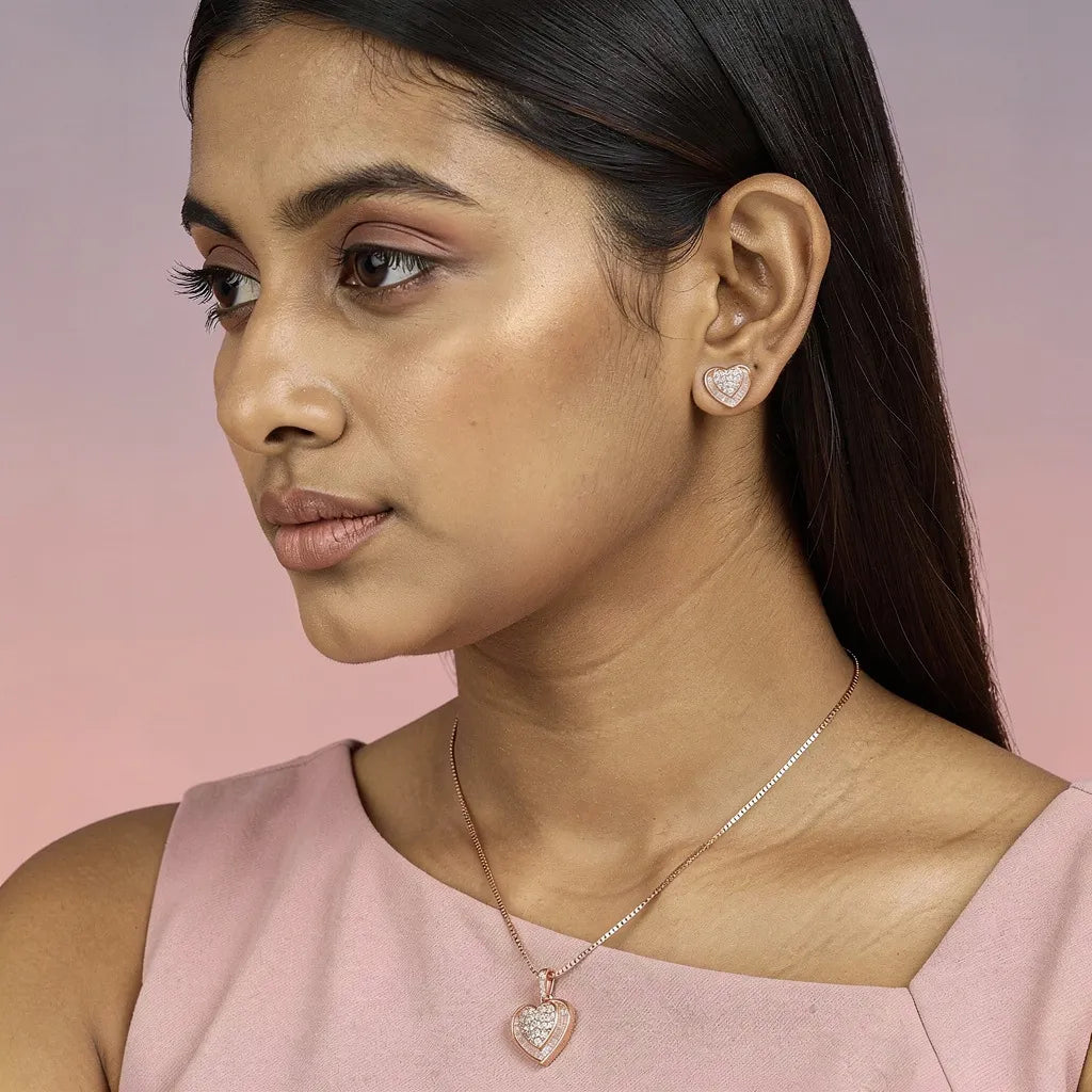 925 Silver Rose Gold Heart Pendent & Earrings Necklace Set