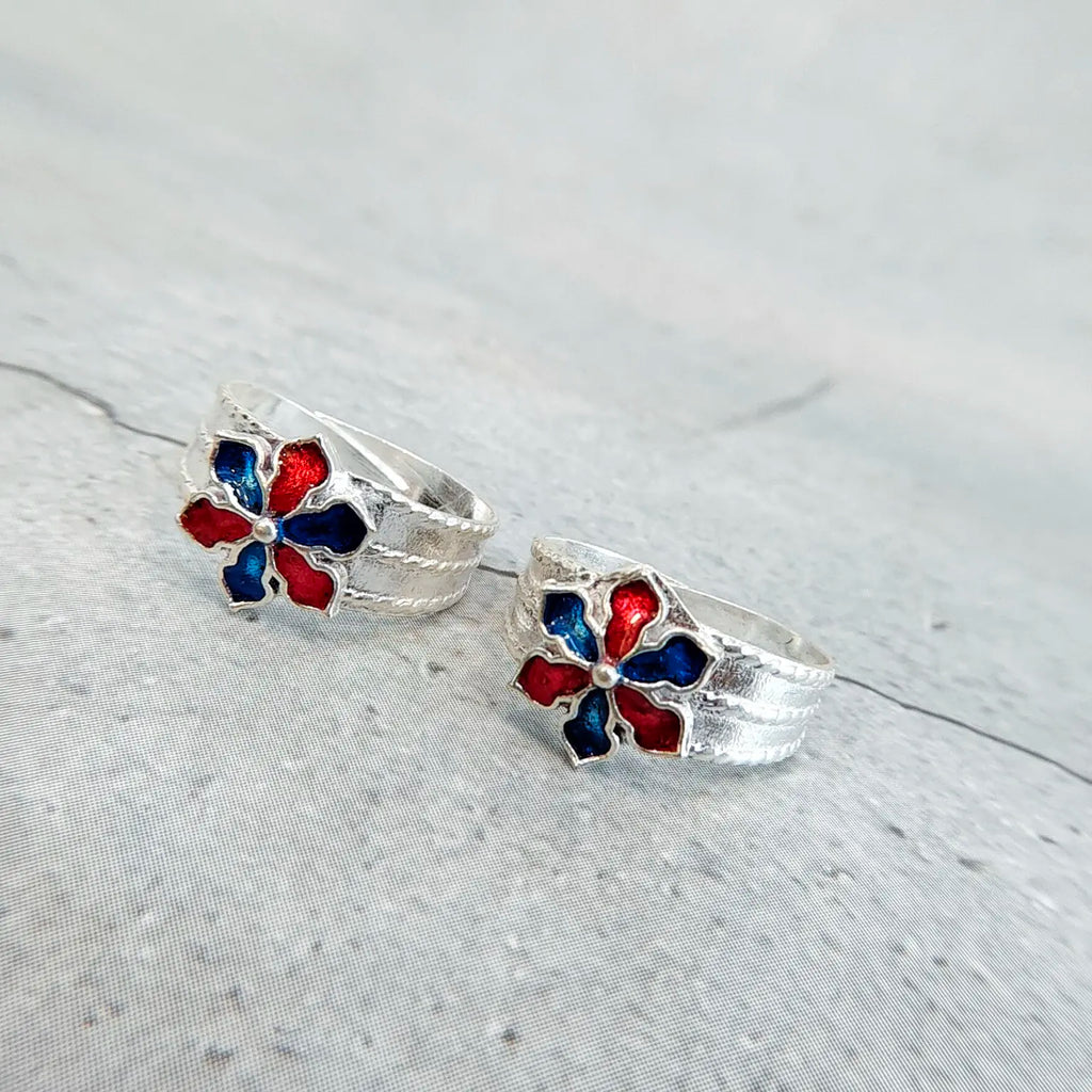 Blue-Red Flower Shaped Silver Metti