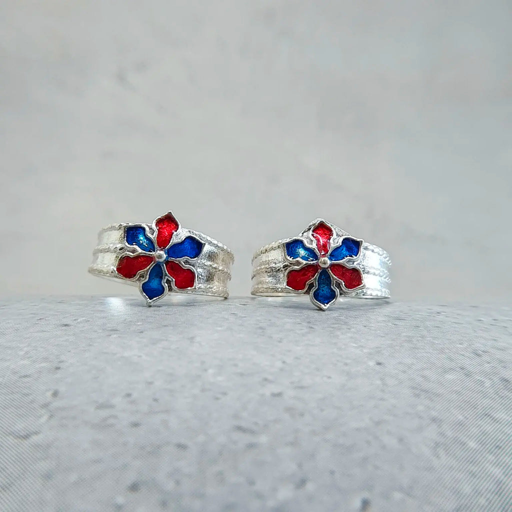 Blue-Red Flower Shaped Silver Metti