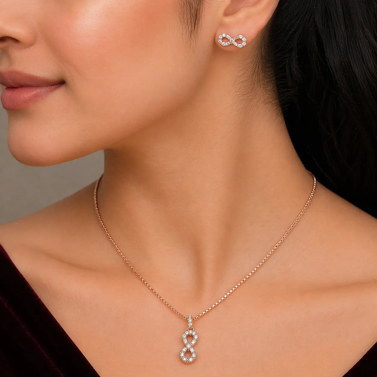 925 Silver Rose Gold Infinity Pendant & Earrings Necklace Set