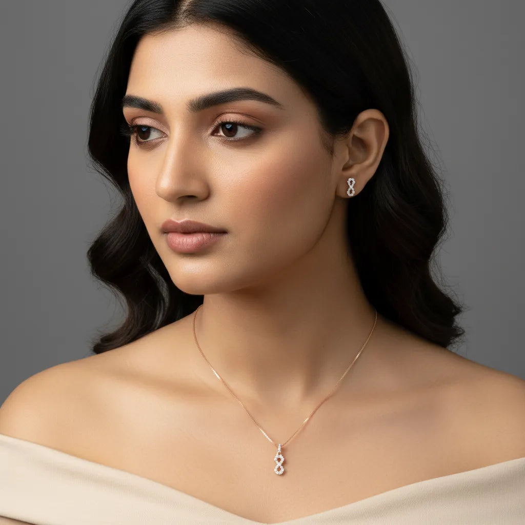 925 Silver Rose Gold Infinity Pendant & Earrings Necklace Set