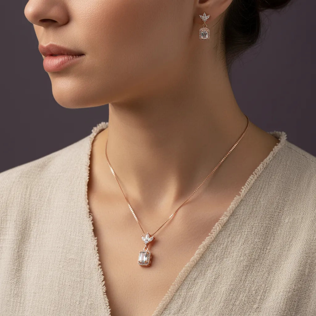 925 Silver Rose Gold White Emerald Cut Pendant & Earrings Necklace Set