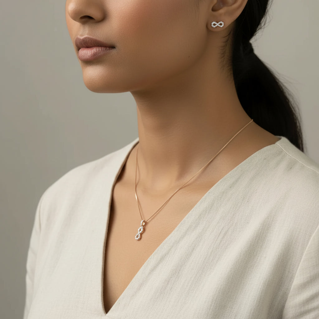 925 Silver Rose Gold Infinity Pendant & Earrings Necklace Set
