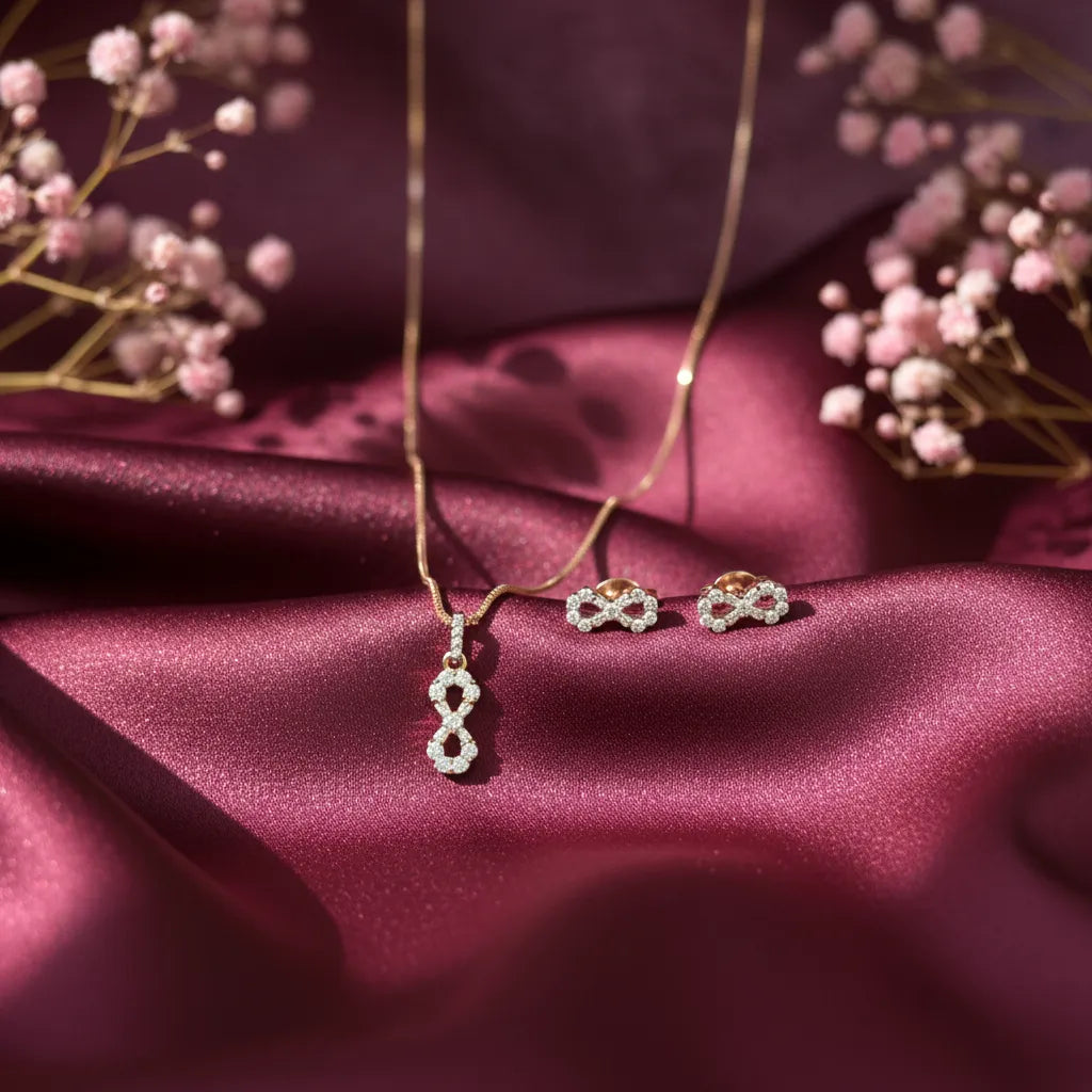 925 Silver Rose Gold Infinity Pendant & Earrings Necklace Set